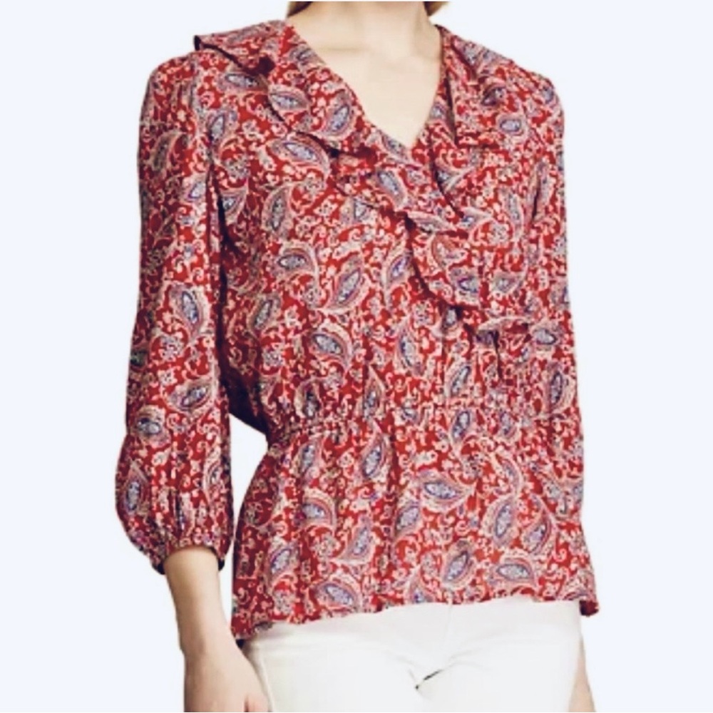 Sz L Chaps Red Kiera Paisley Ruffle Peasant Shirt NWT